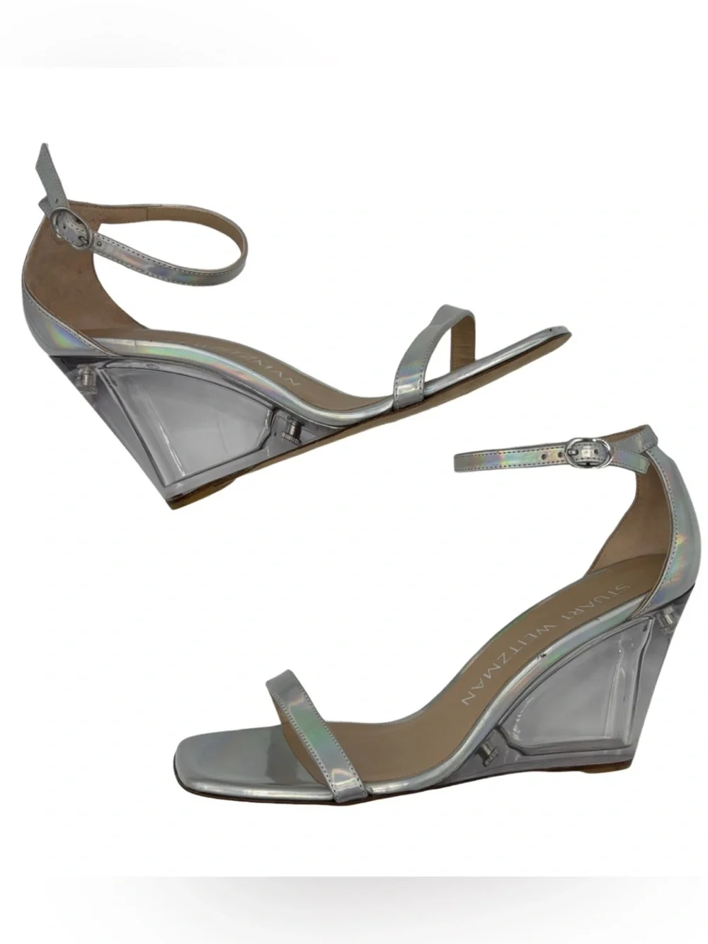 NWOB Stuart Weitzman Silver Holographic Nudist Lucite Wedge Sandal - Sz 9 - Picture 5 of 7